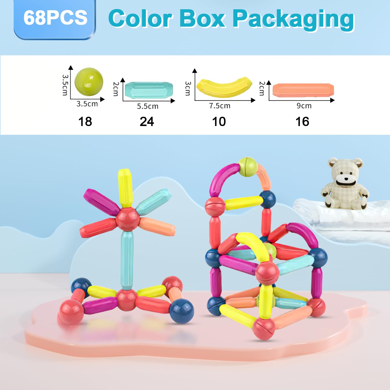 selutiya Magnetische Bausteine 68 Stück Magnetbausteine, 3D Konstruktions Spielzeug, Magnete Kinder, Magnet Bausteine für Kinder