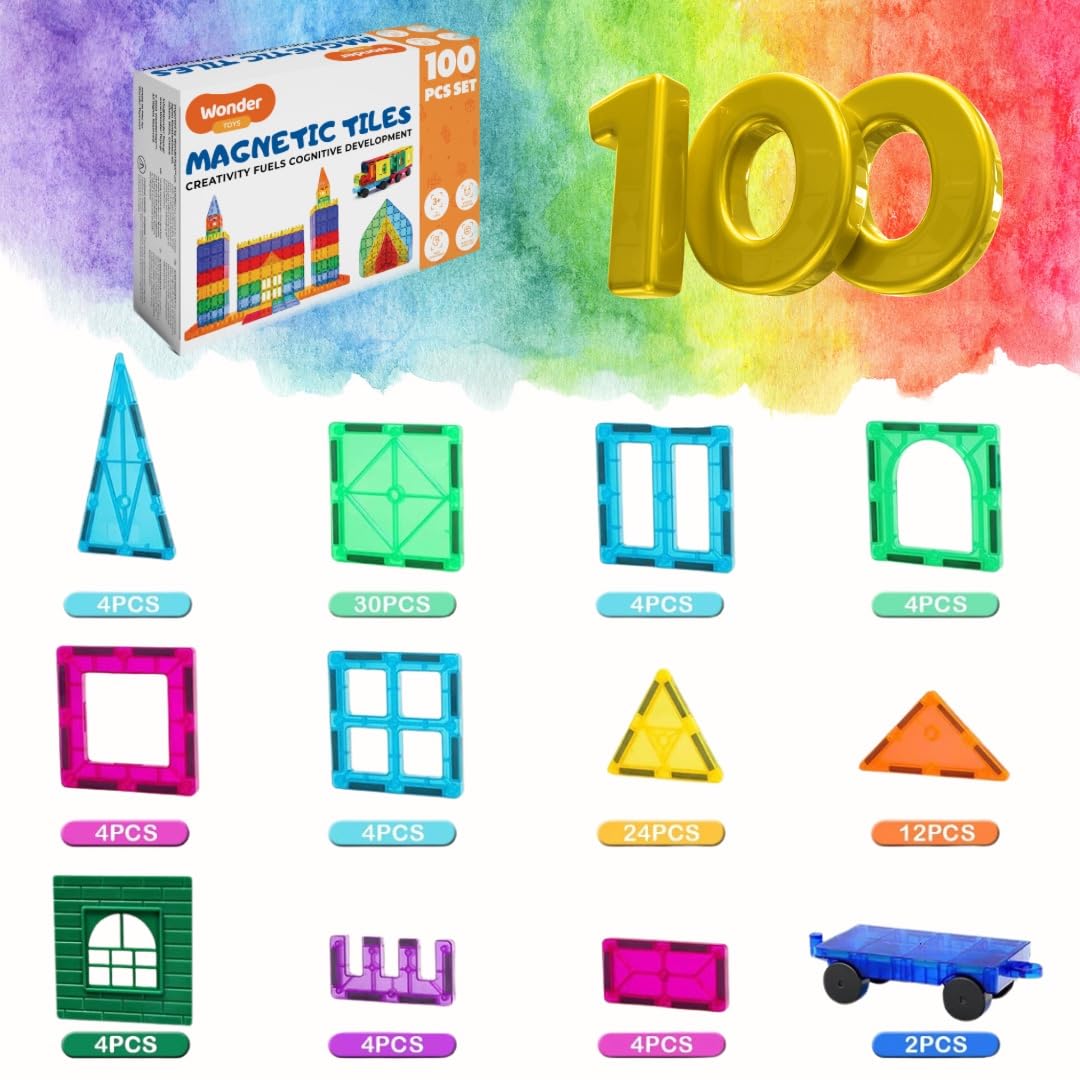Wonder Toys 100 Teile Klassische Magnetblöcke, originelles magnetisches Bauspielzeug für Jungen