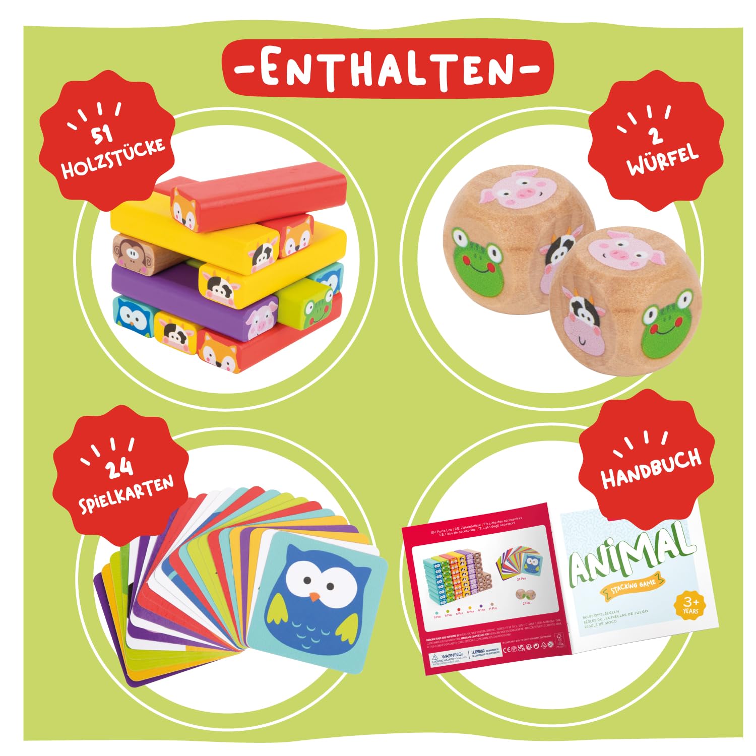 Nene Toys Pädagogisches Kinderspiel ab 3 Jahre - Wackelturm 4 in 1 aus Holz mit Farben und Tieren