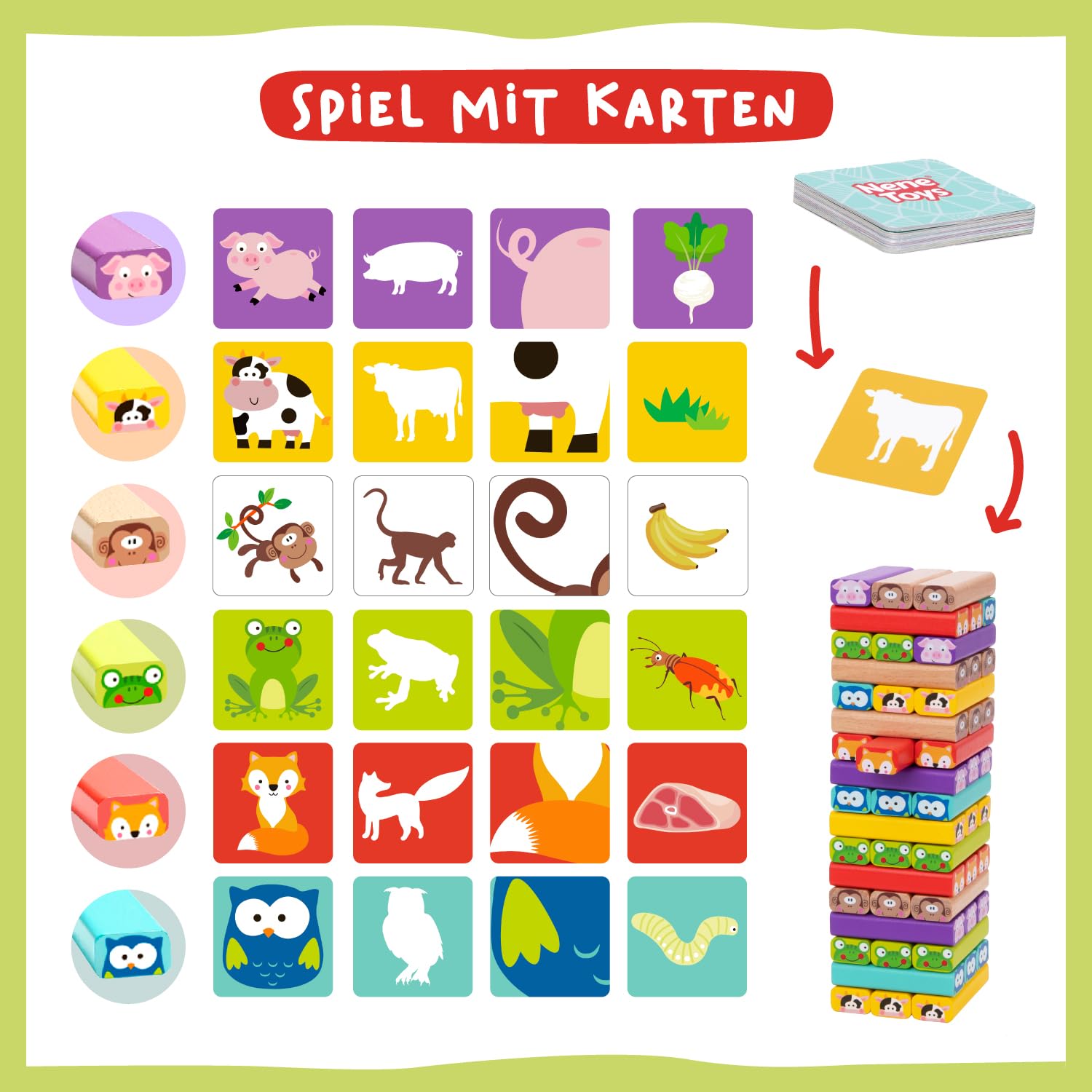Nene Toys Pädagogisches Kinderspiel ab 3 Jahre - Wackelturm 4 in 1 aus Holz mit Farben und Tieren