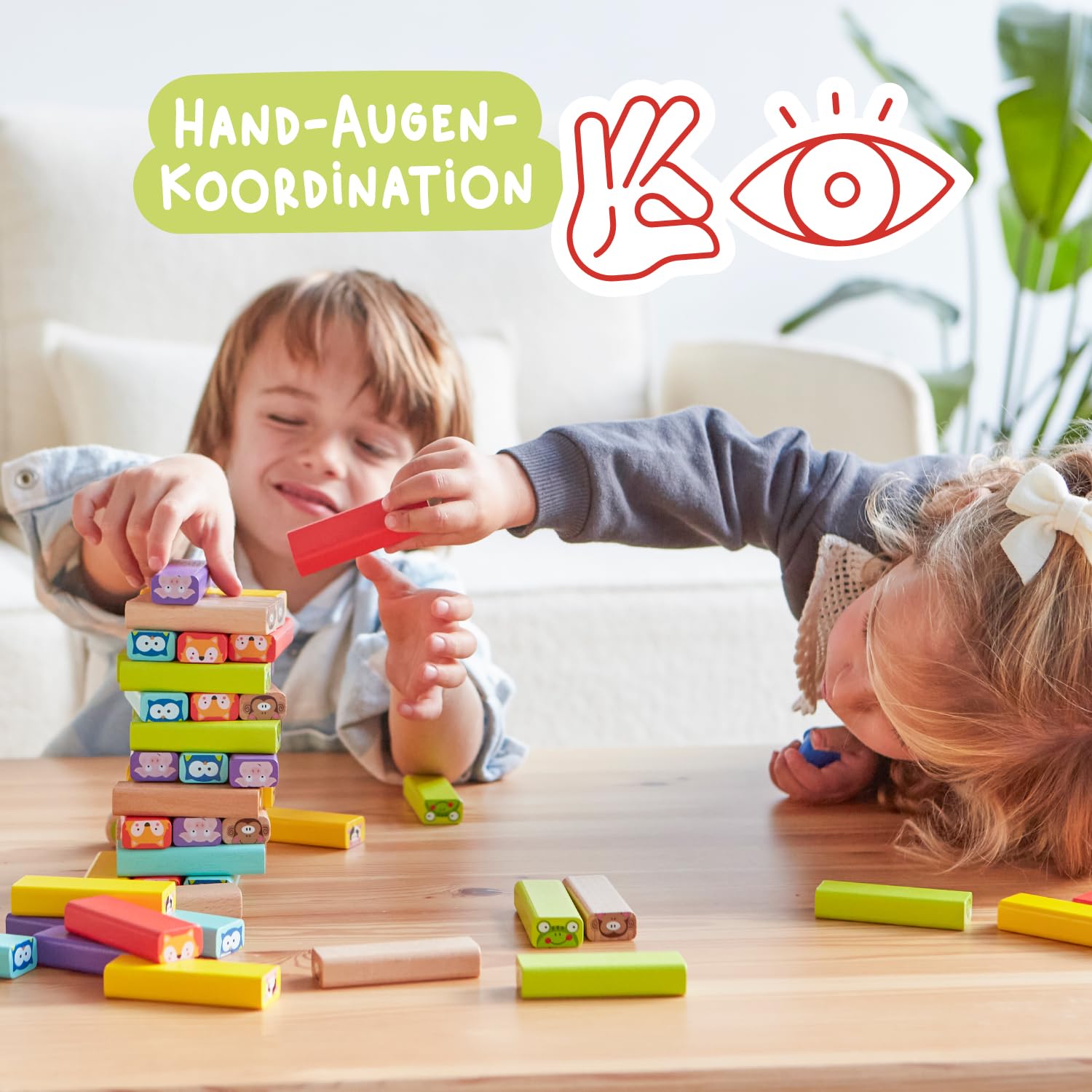 Nene Toys Pädagogisches Kinderspiel ab 3 Jahre - Wackelturm 4 in 1 aus Holz mit Farben und Tieren