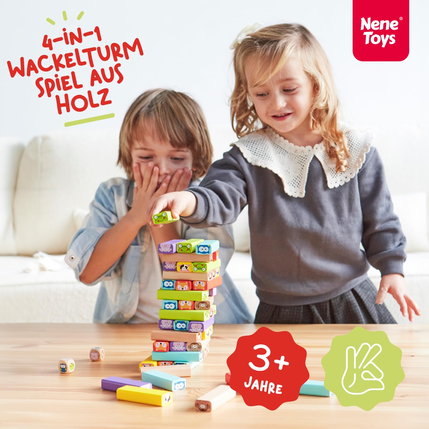 Nene Toys Pädagogisches Kinderspiel ab 3 Jahre - Wackelturm 4 in 1 aus Holz mit Farben und Tieren