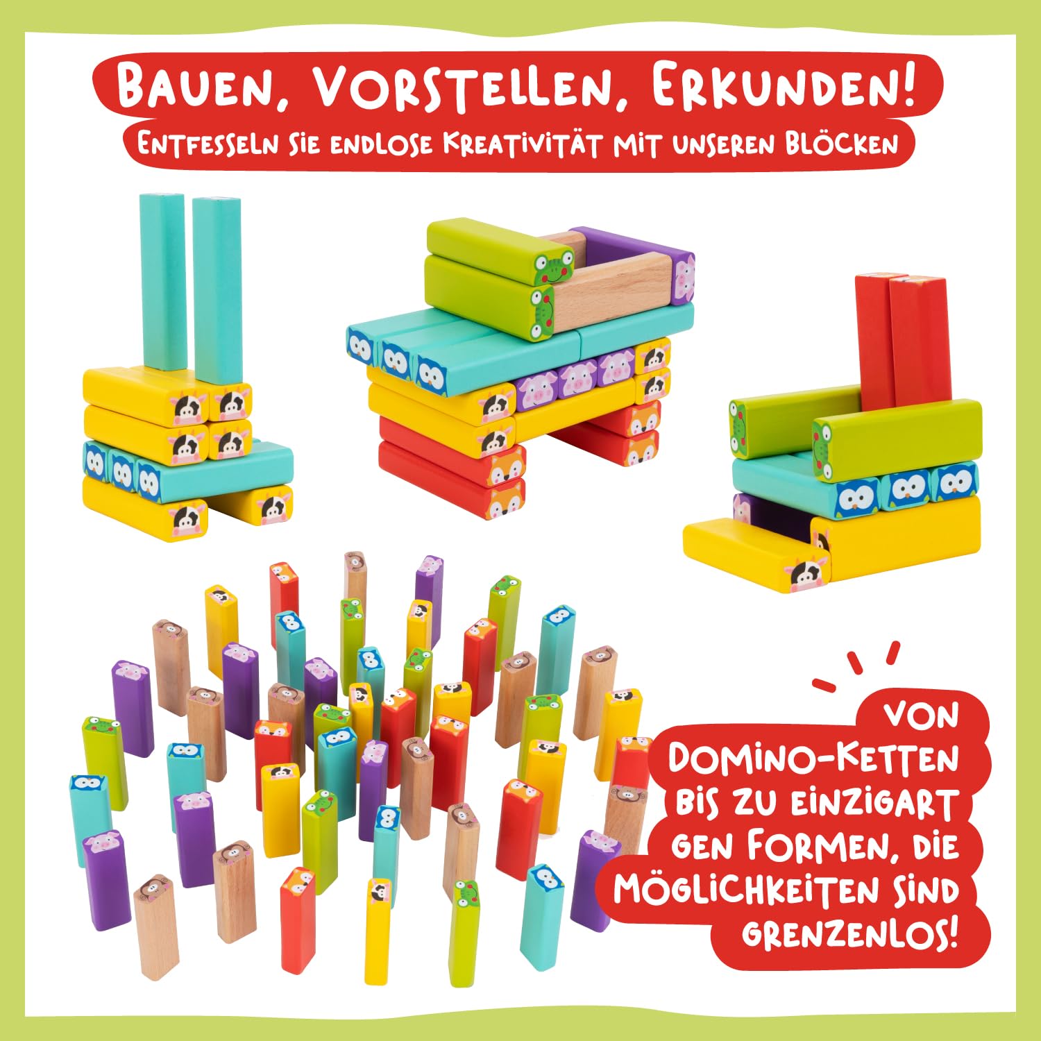 Nene Toys Pädagogisches Kinderspiel ab 3 Jahre - Wackelturm 4 in 1 aus Holz mit Farben und Tieren