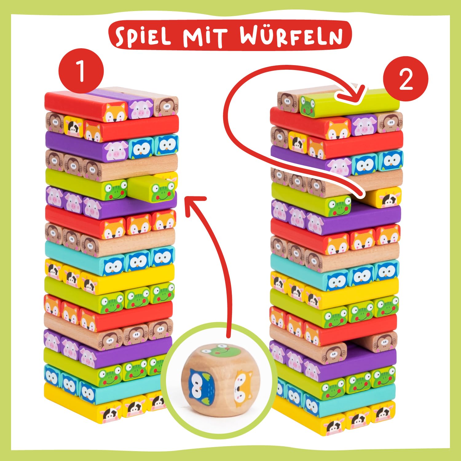Nene Toys Pädagogisches Kinderspiel ab 3 Jahre - Wackelturm 4 in 1 aus Holz mit Farben und Tieren